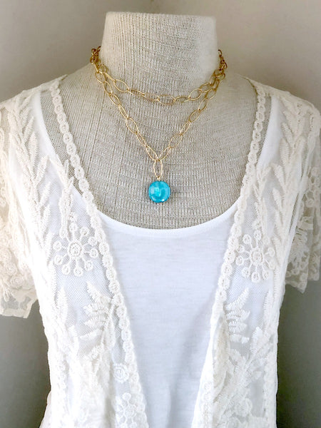 Gold Oval Chain Blue Shell Necklace - Double Strand