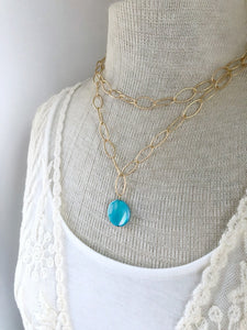 Gold Oval Chain Blue Shell Necklace - Double Strand
