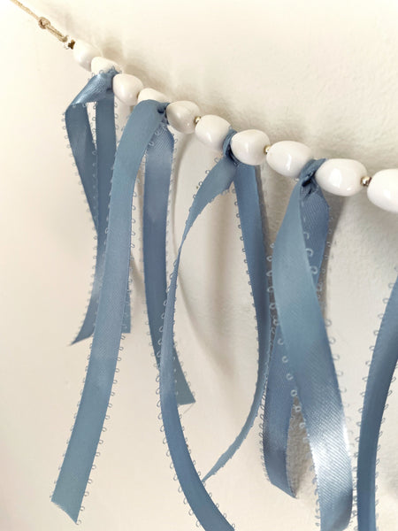 White Beaded Blue Ribbon Garland