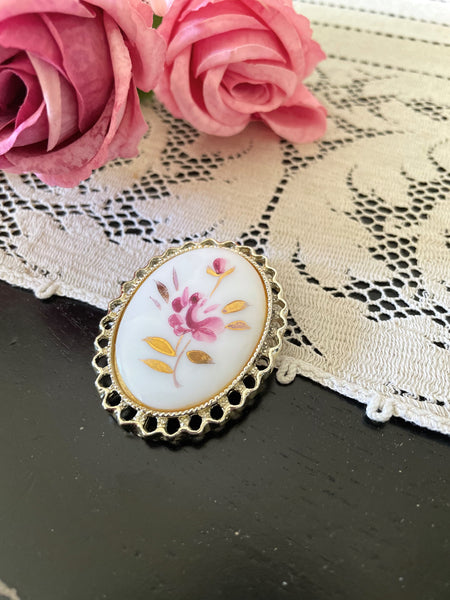 Pink, White, and Gold Floral Brooch / Pendant